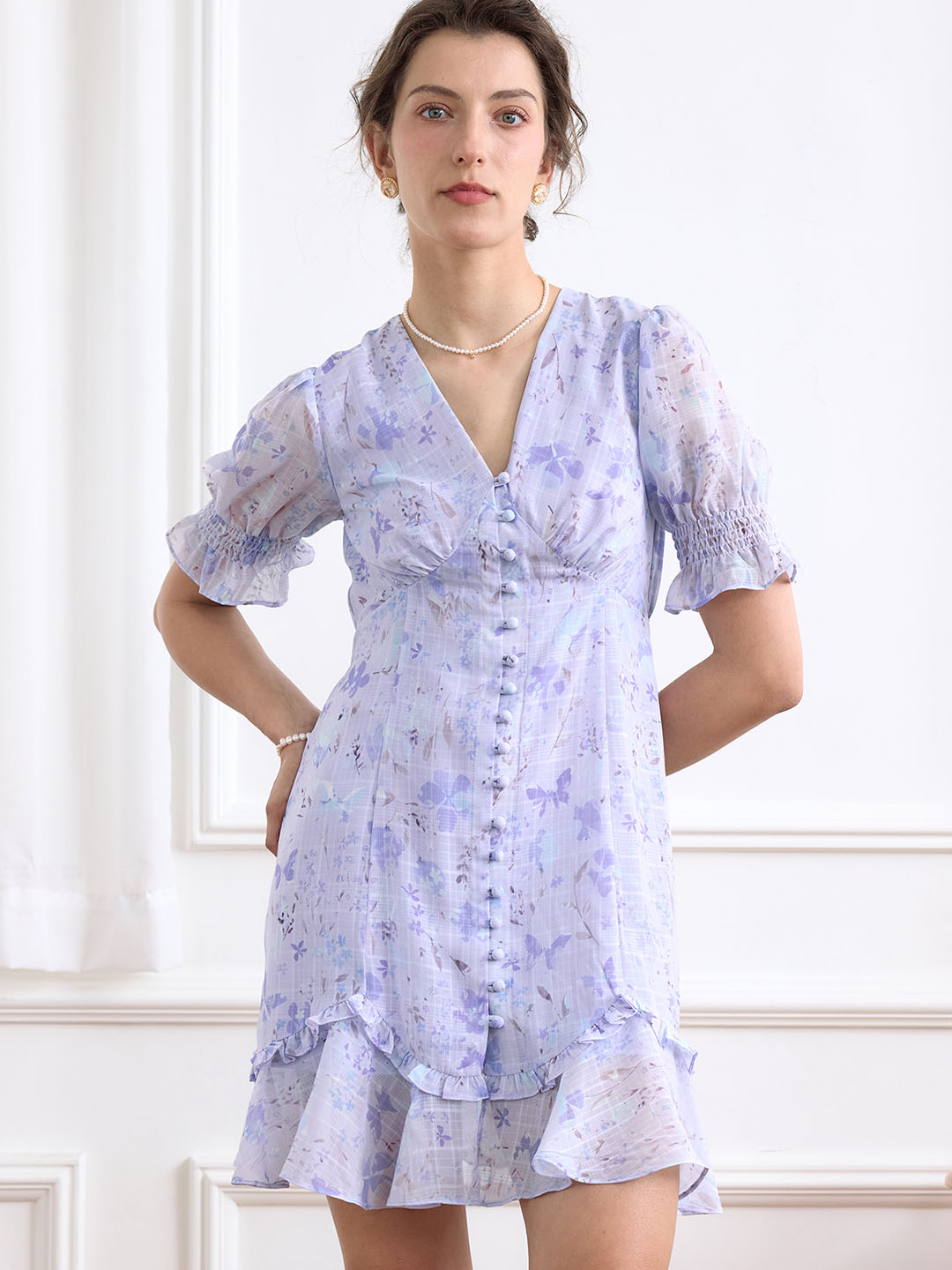 【Final Sale】Nalani Ditsy Floral Print Puff Sleeve Ruffle Hem Dress
