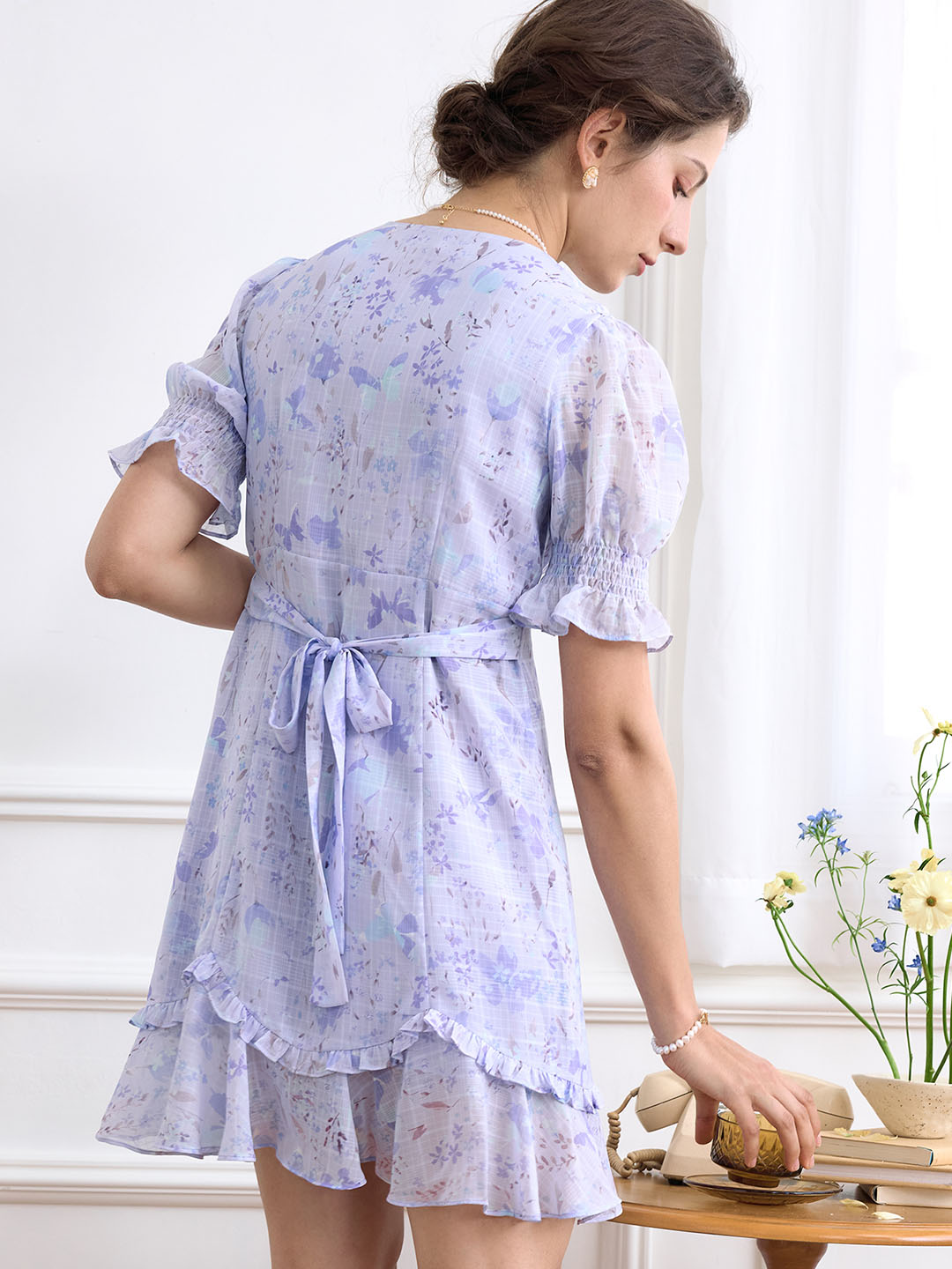 【Final Sale】Nalani Ditsy Floral Print Puff Sleeve Ruffle Hem Dress