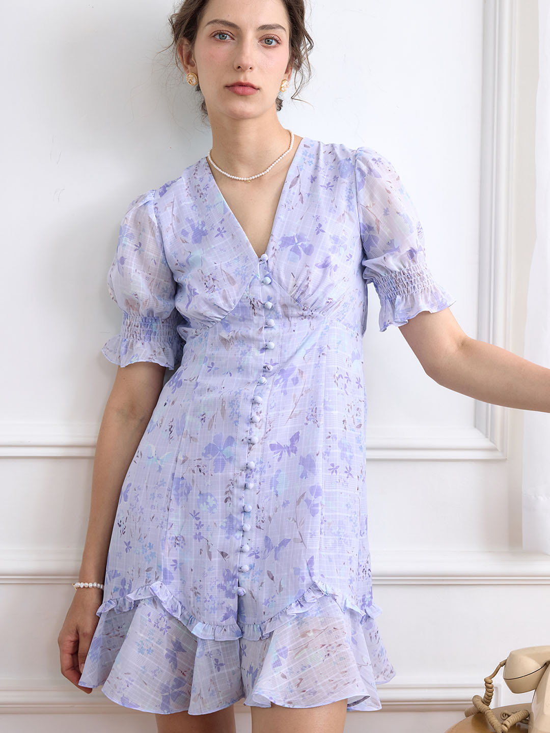 【Final Sale】Nalani Ditsy Floral Print Puff Sleeve Ruffle Hem Dress