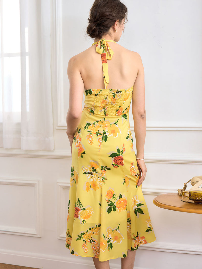 Halter V-neck Chiffon Dress with Open Back Ink Blue