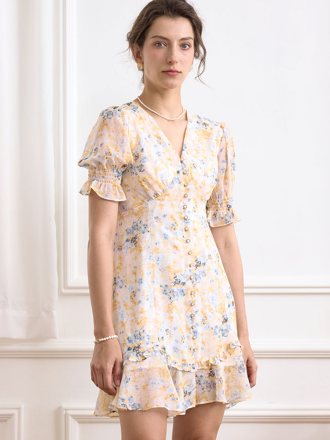 【Final Sale】Nalani Ditsy Floral Print Puff Sleeve Ruffle Hem Dress