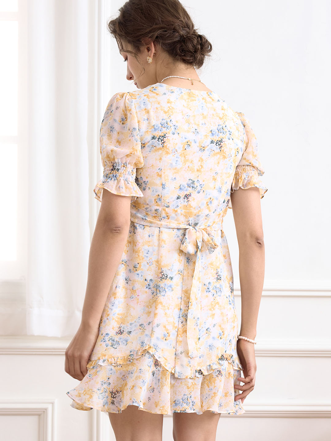 【Final Sale】Nalani Ditsy Floral Print Puff Sleeve Ruffle Hem Dress