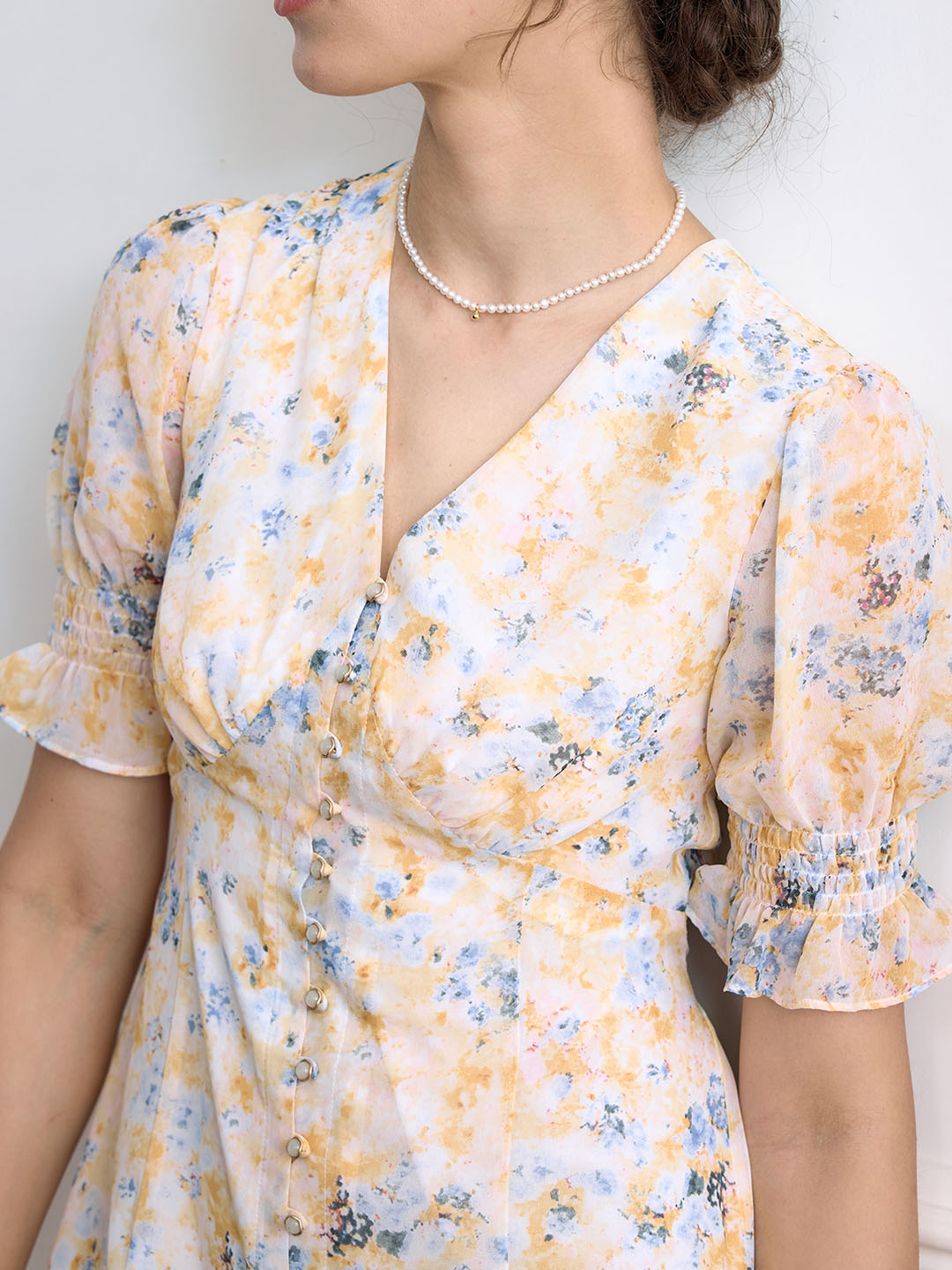 【Final Sale】Nalani Ditsy Floral Print Puff Sleeve Ruffle Hem Dress