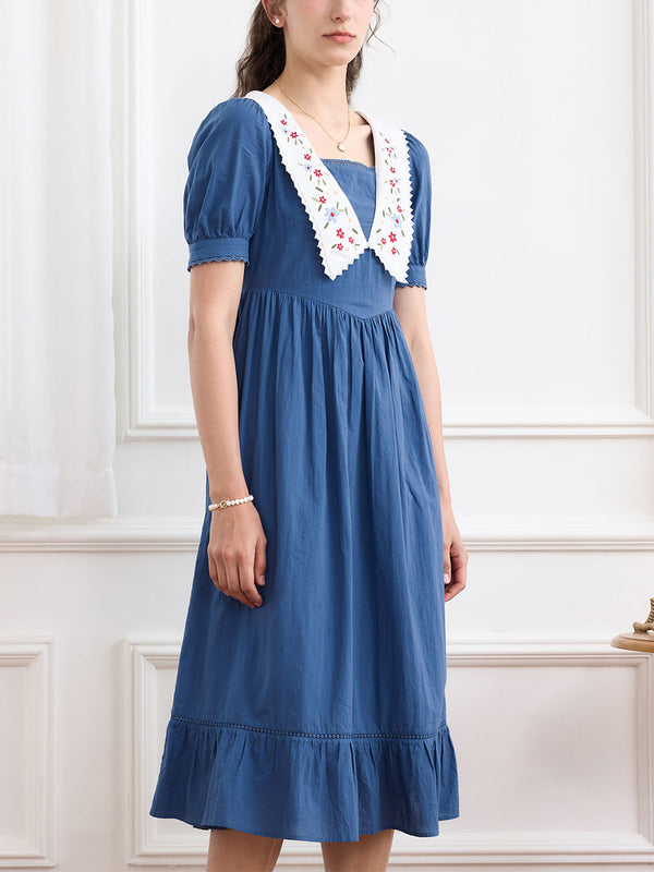 Priscilla Large Lapel Puff Sleeve Embroidered Dress