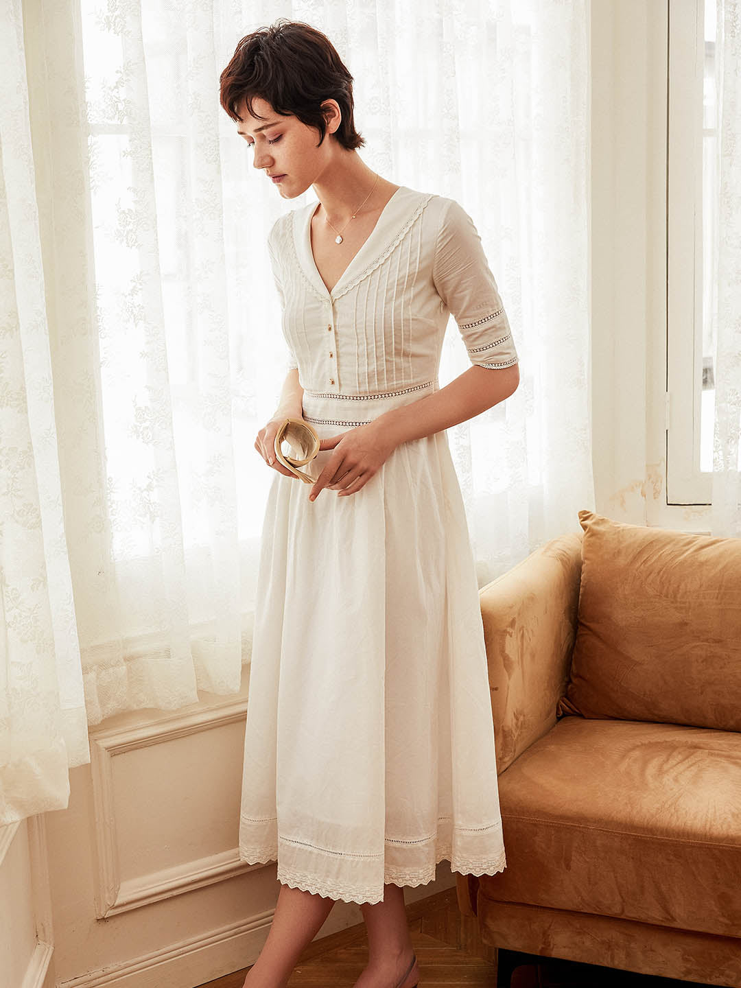 Fiona 100% Cotton White Midi Dress