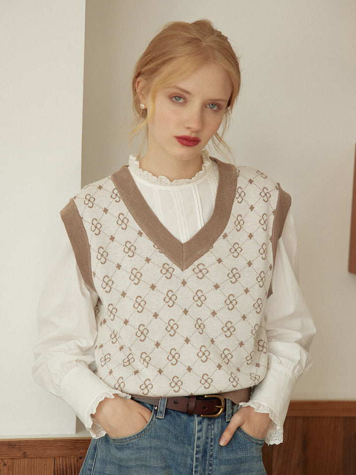 Emily Patterned Brown Vest Sweater/SIMPLERETRO