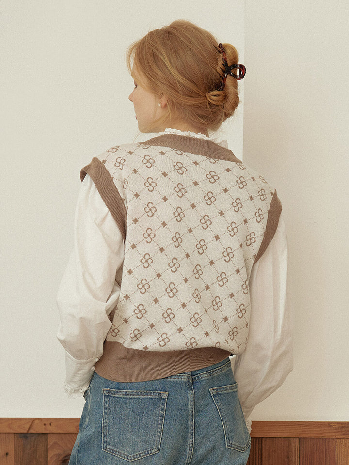 Emily Patterned Brown Vest Sweater/SIMPLERETRO