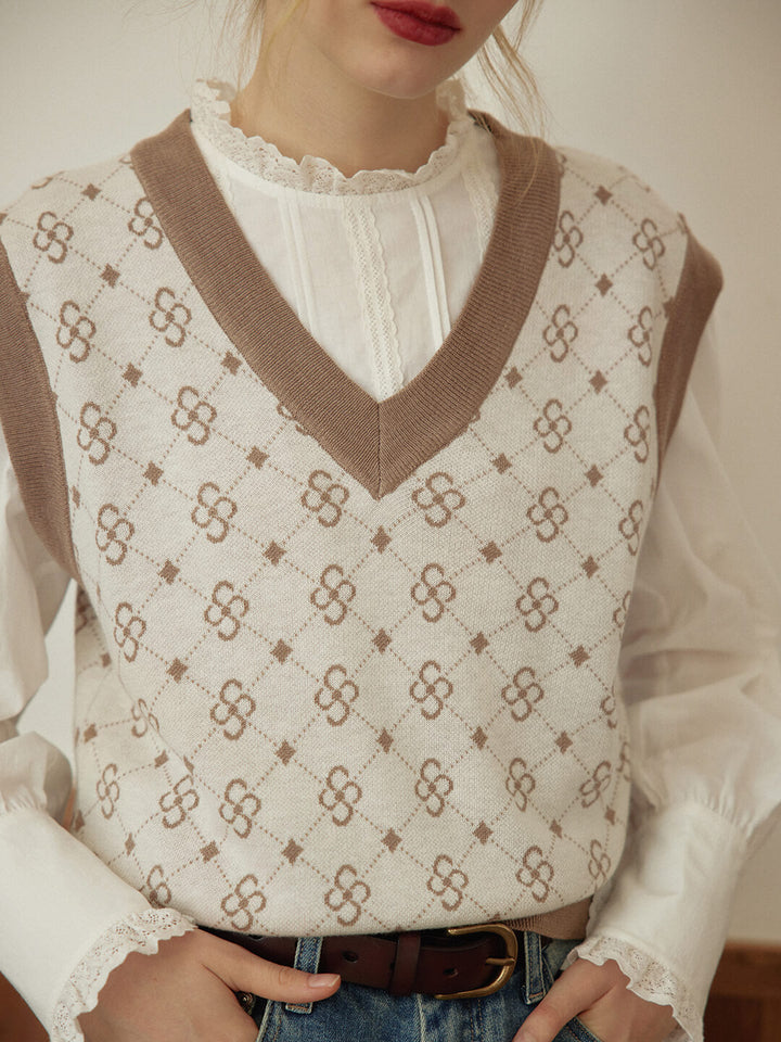 Emily Patterned Brown Vest Sweater/SIMPLERETRO