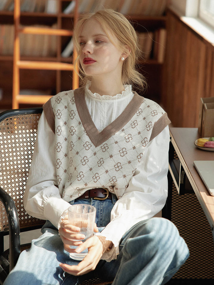 Emily Patterned Brown Vest Sweater/SIMPLERETRO