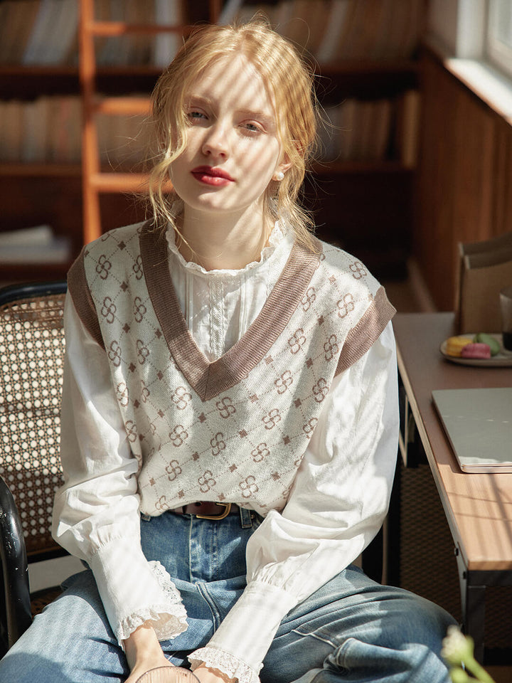 Emily Patterned Brown Vest Sweater/SIMPLERETRO
