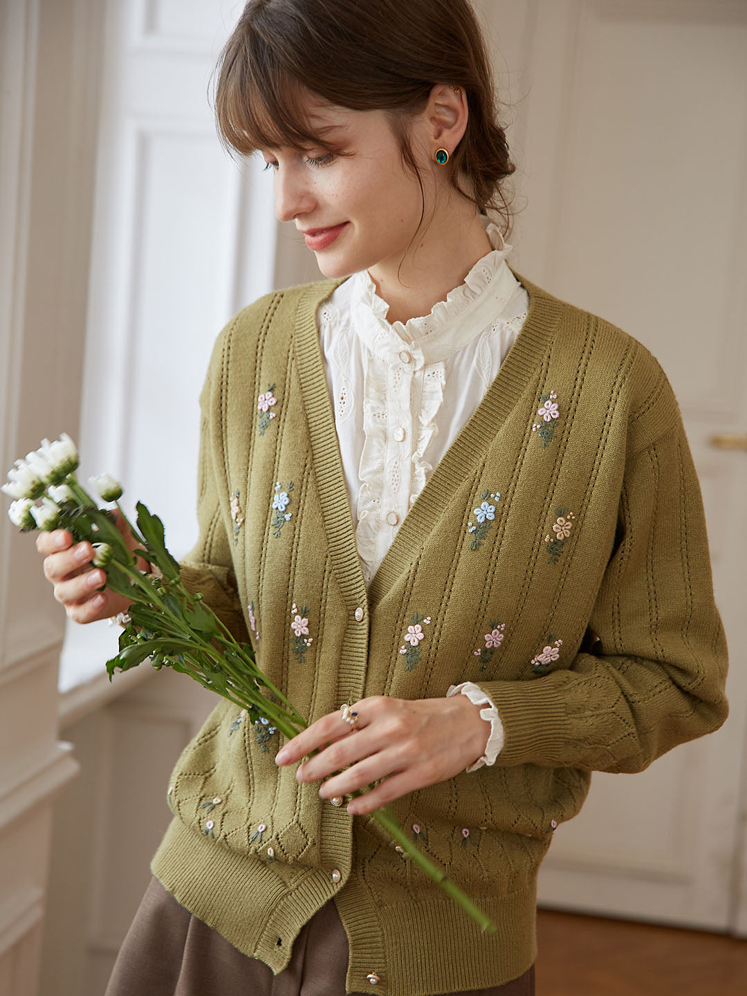 Ally Floral Handmade Embroidery Avocado Green Knit Cardigan 2026