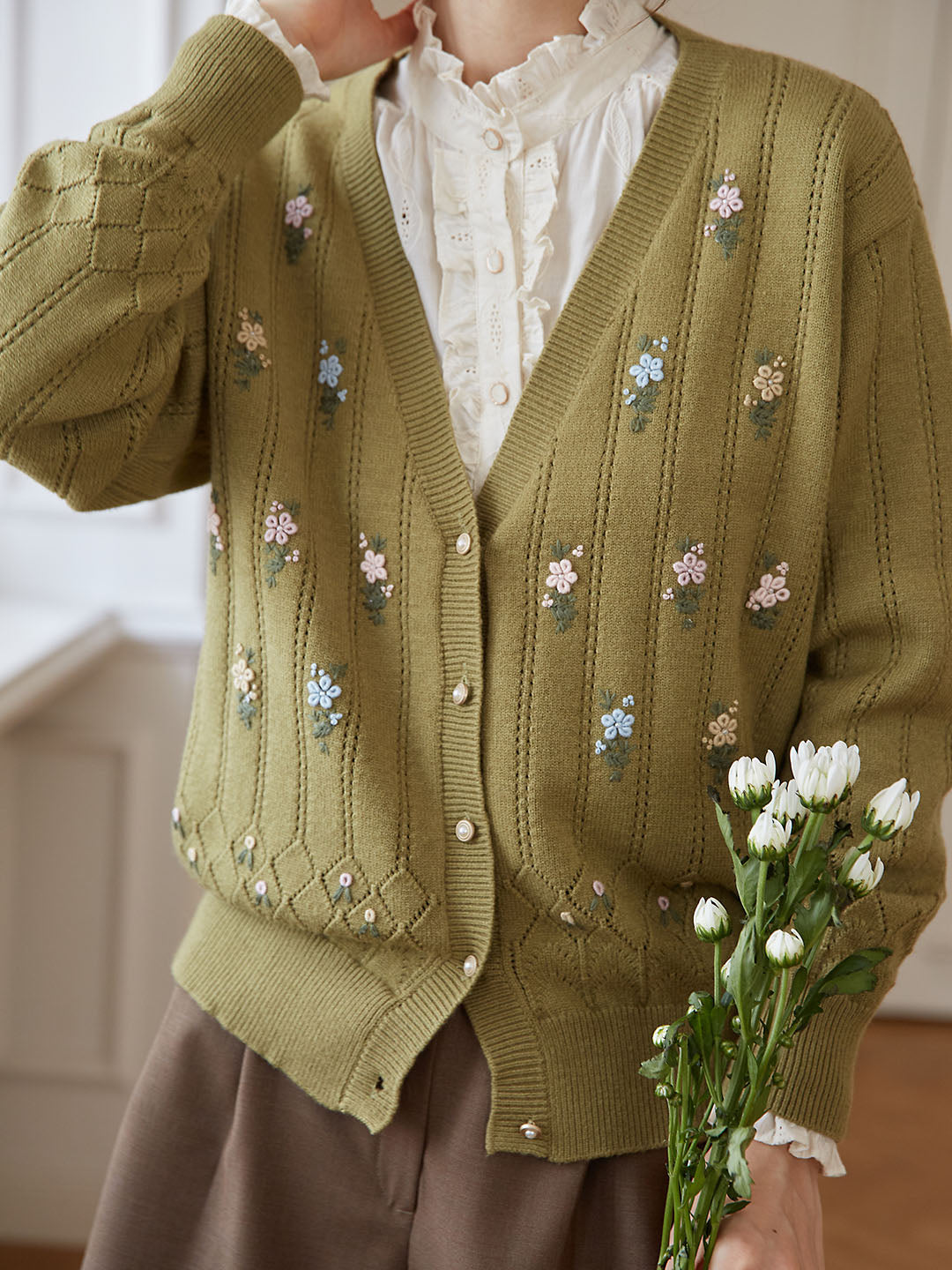 Ally Floral Handmade Embroidery Avocado Green Knit Cardigan 2026