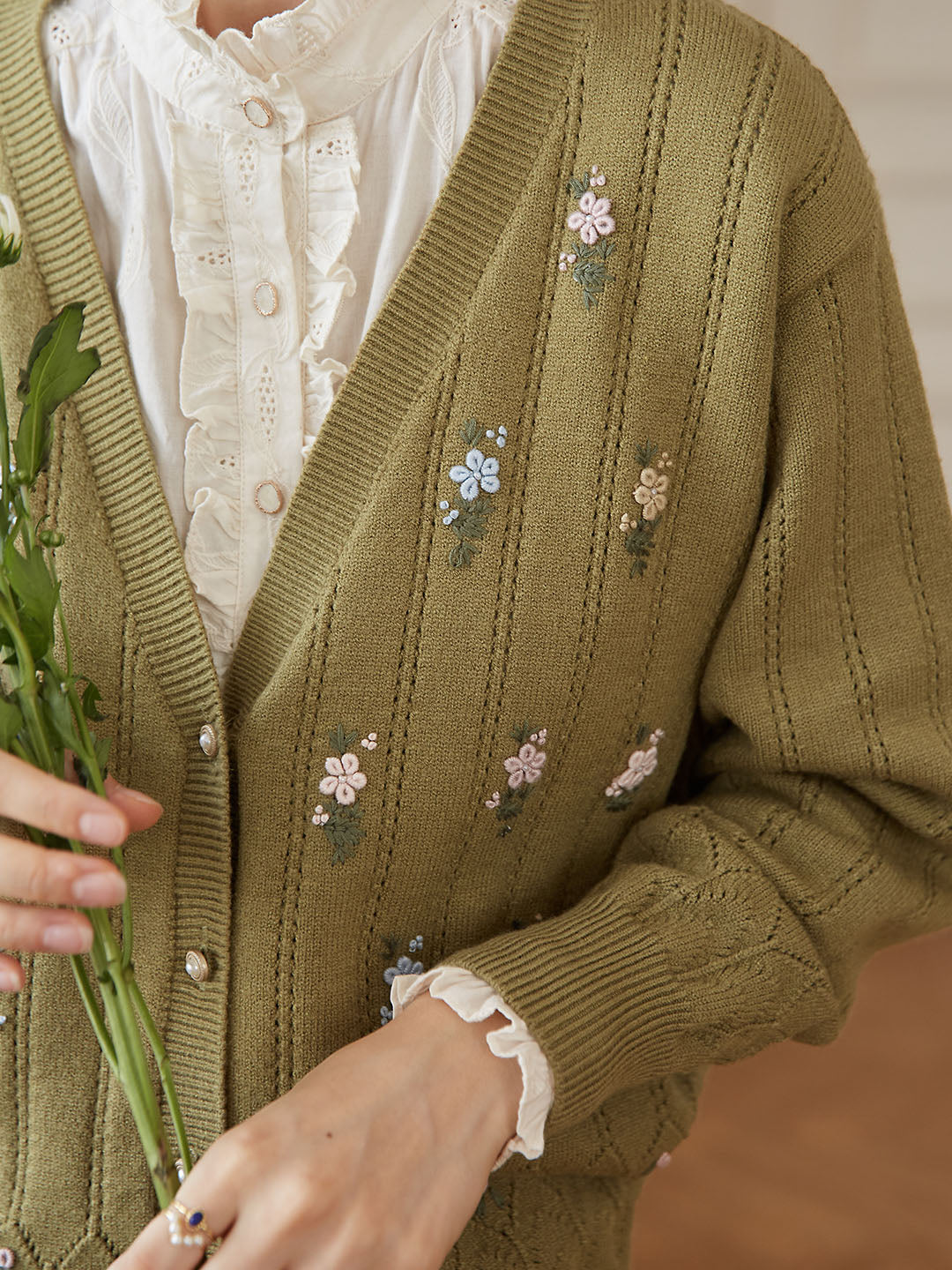 Ally Floral Handmade Embroidery Avocado Green Knit Cardigan 2026