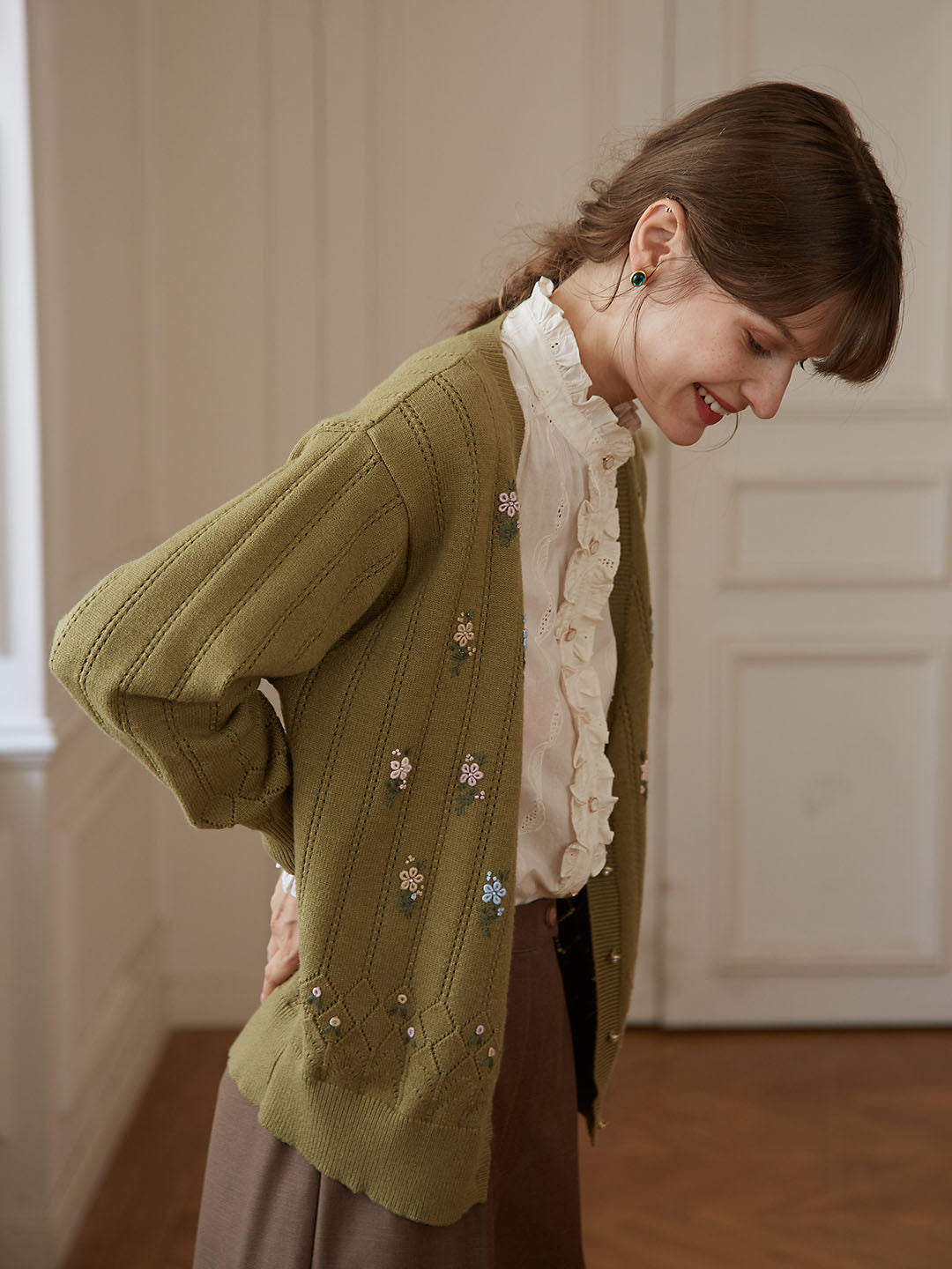 Ally Floral Handmade Embroidery Avocado Green Knit Cardigan 2026