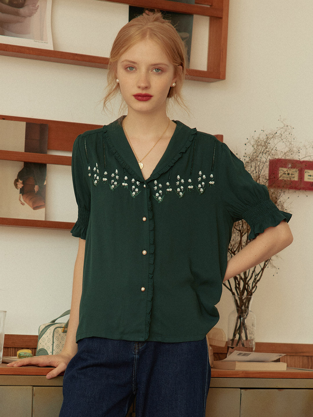 Convallaria Floral Embroidered Green Puff Top/SIMPLERETRO