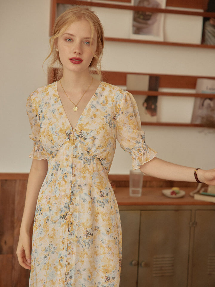 Kora Floral Printed Yellow Maxi Dress/SIMPLERETRO