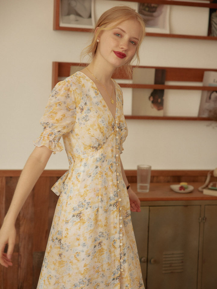 Kora Floral Printed Yellow Maxi Dress/SIMPLERETRO