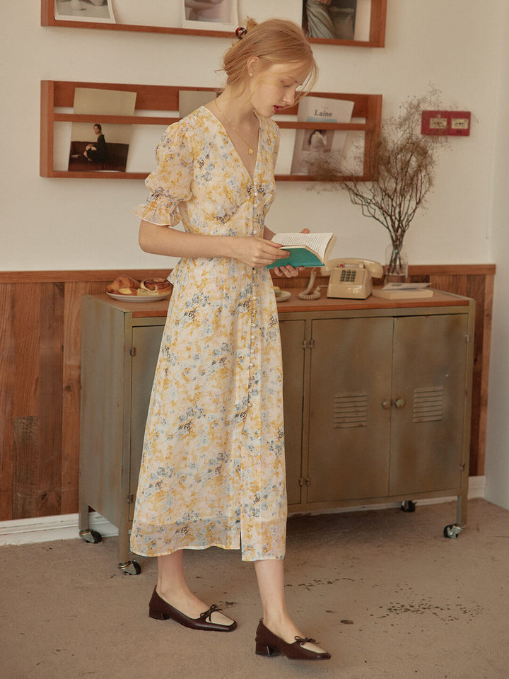 Kora Floral Printed Yellow Maxi Dress/SIMPLERETRO