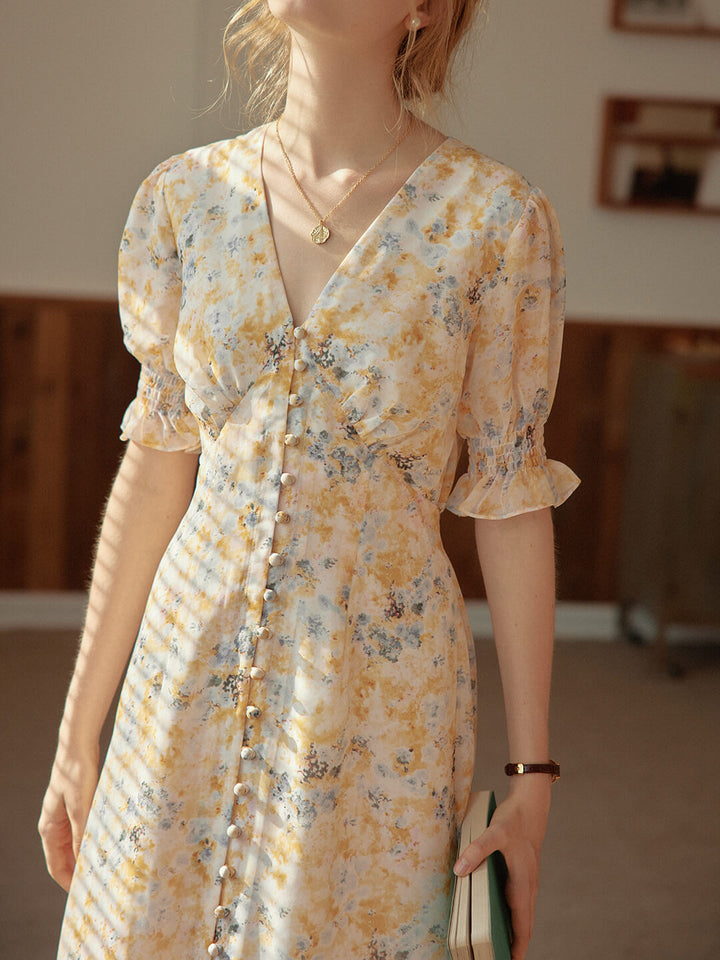 Kora Floral Printed Yellow Maxi Dress/SIMPLERETRO