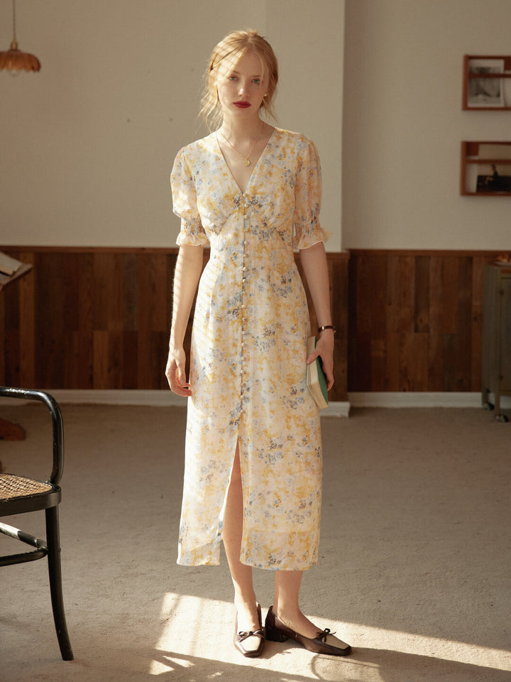 Kora Floral Printed Yellow Maxi Dress/SIMPLERETRO