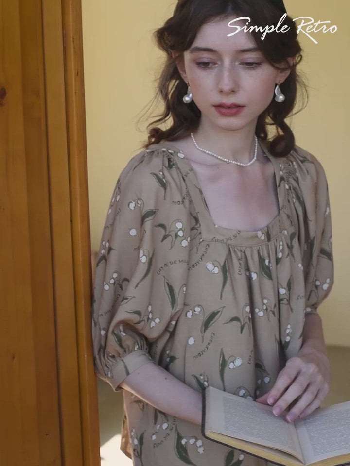 Convallaria Chowxiaodou Printed Khaki Loose Blouse/Simple Retro/55180