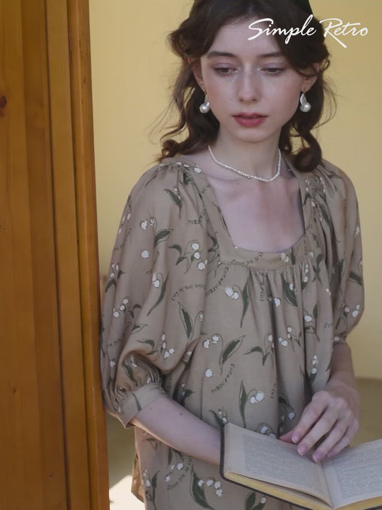 Convallaria Chowxiaodou Printed Khaki Loose Blouse/Simple Retro/55180