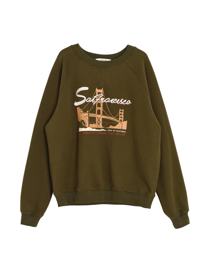 Lola Graphic Embroidery Crewneck Green Fleece Sweatshirt/Simple Retro/55152