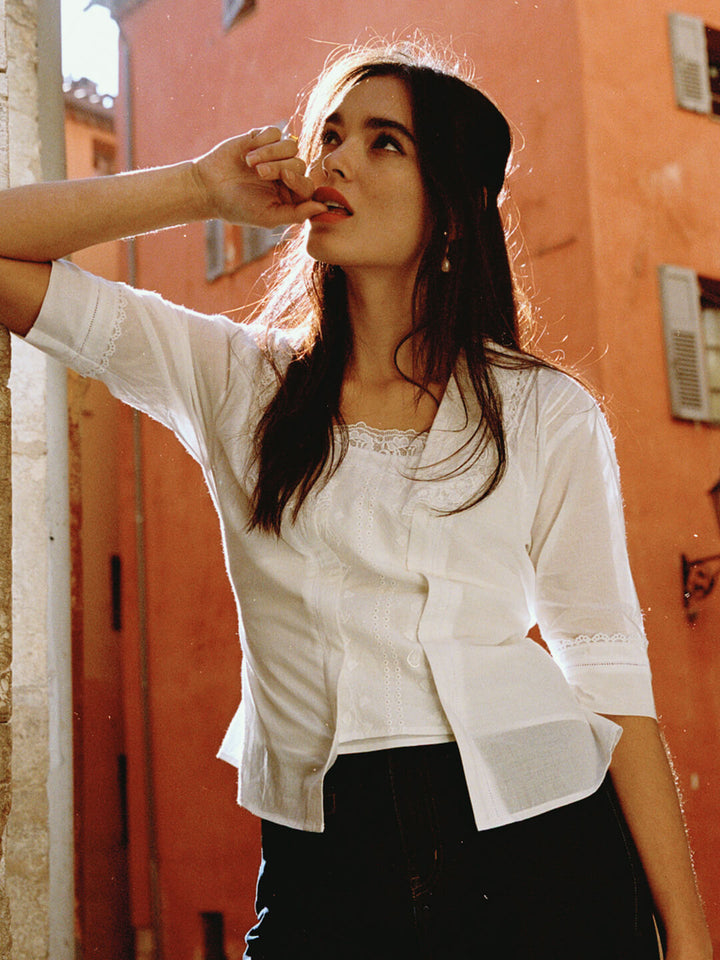 Jasmine Edwardian White Floral Embroidered Top/Simple Retro/66033