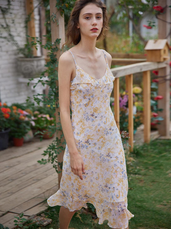 Kama Floral V-neck Slip Dress/Simple Retro/11081