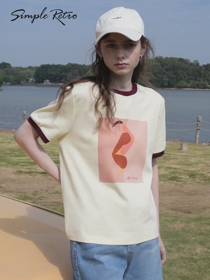 Apolline Red Lip Graphic Yellow T-Shirt/Simple Retro/55156