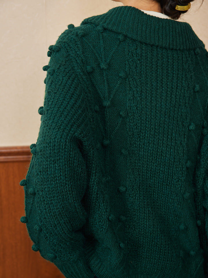 Nataly Cable Popcorn Chunky Green Knit Cardigan/Simple Retro/77017