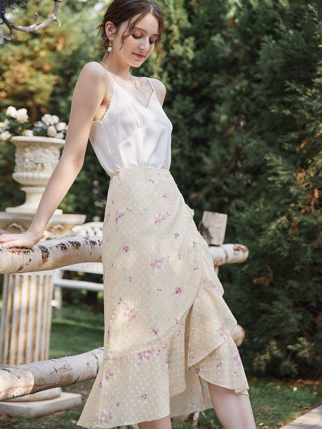 Mila Floral Printed Ruffle Midi Skirt/Simple Retro/55084