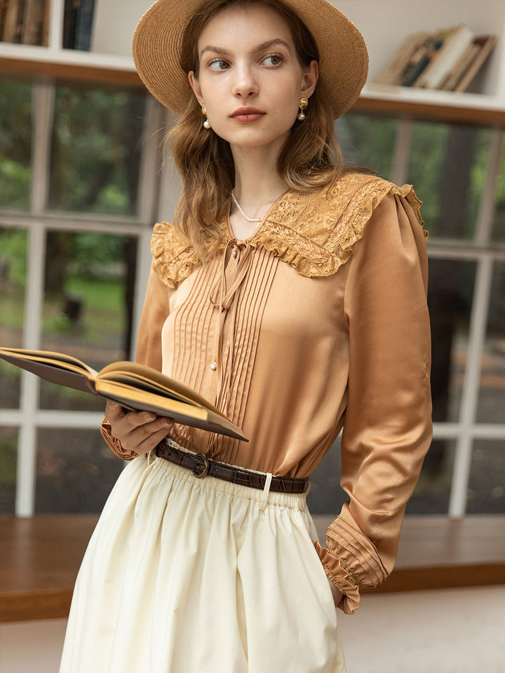 Kiara Satin Lace Doll Collar Blouse/Simple Retro/11247