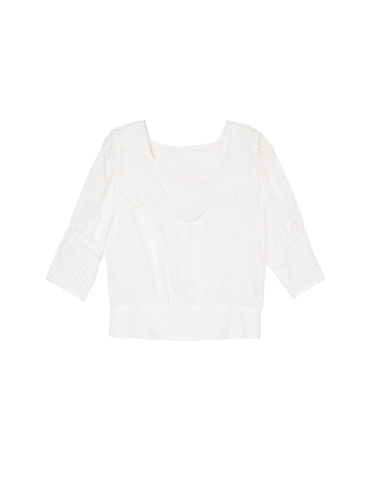 Eliza Floral Embroidered Pleated White Blouse/Simple Retro/66087