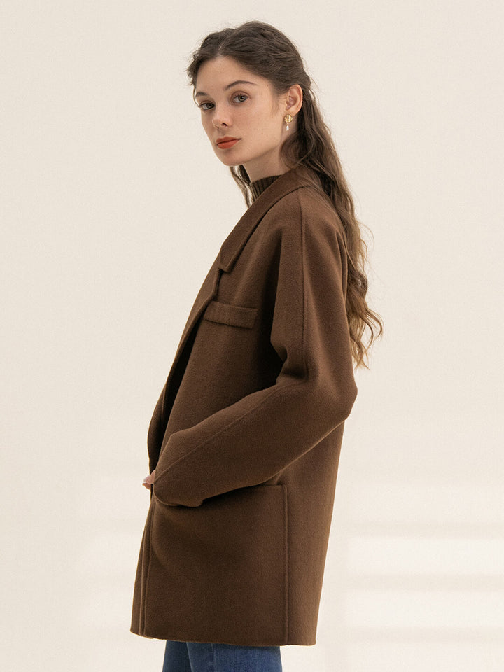 Emilia 100% Wool Coffee Double-faced Coat/Simple Retro/77055