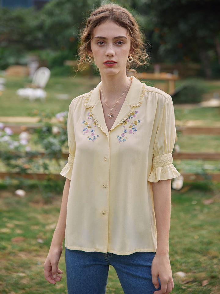 Alicia Embroidery V-Neck Blouse/Simple Retro/1200022