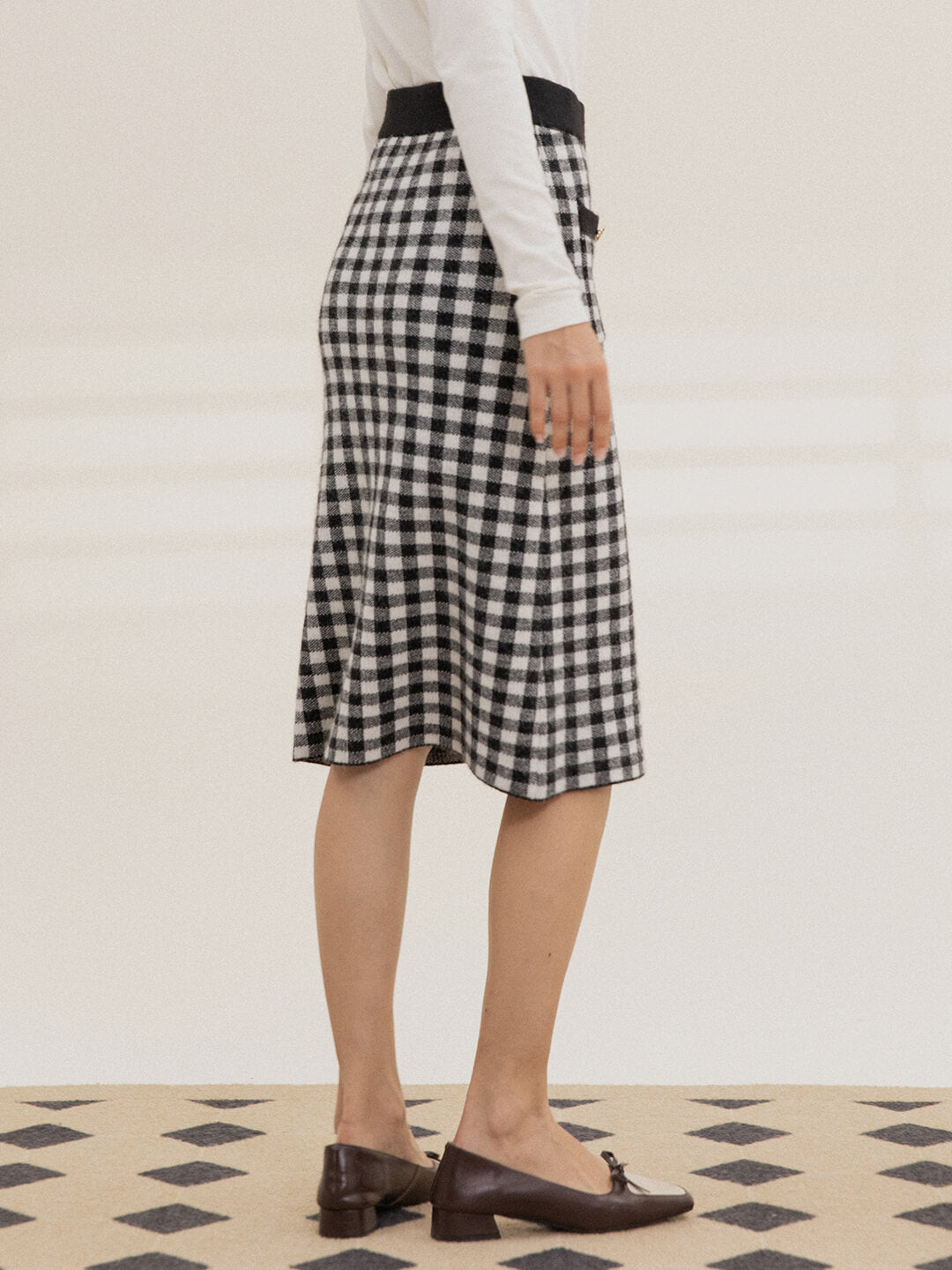 Ansley Checkerboard Black Midi Knitted Skirt/Simple Retro/66015