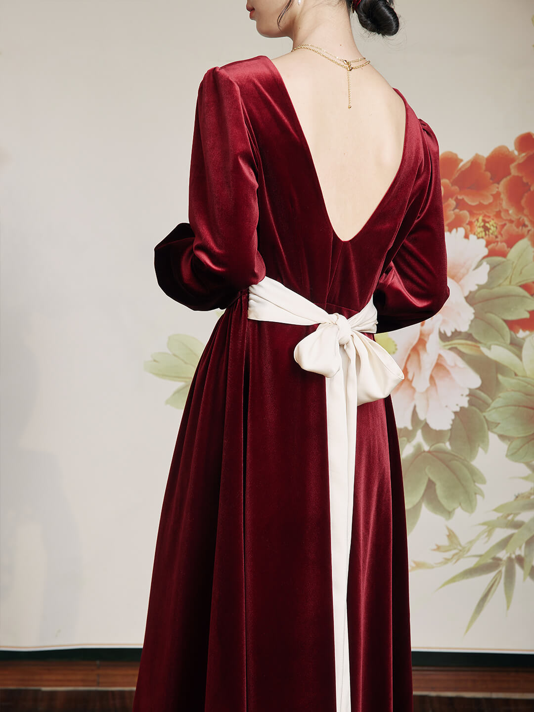 Imani Puff Sleeves Red Midi Velvet Dress/Simple Retro/11300