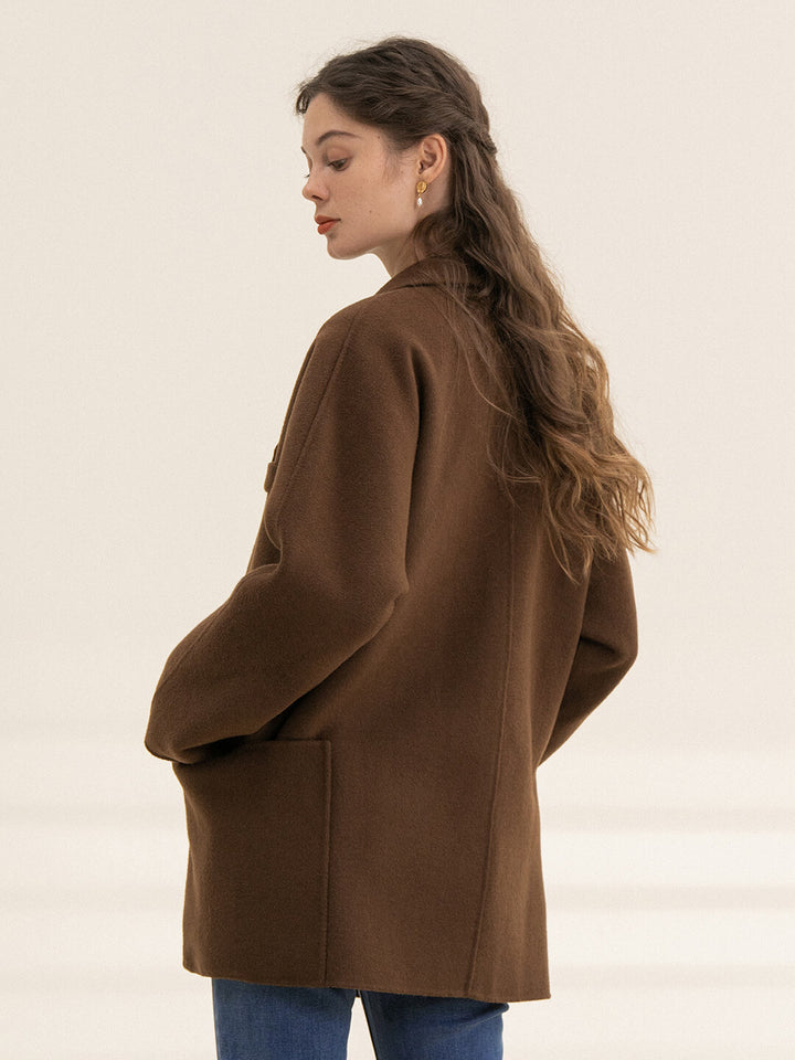 Emilia 100% Wool Coffee Double-faced Coat/Simple Retro/77055