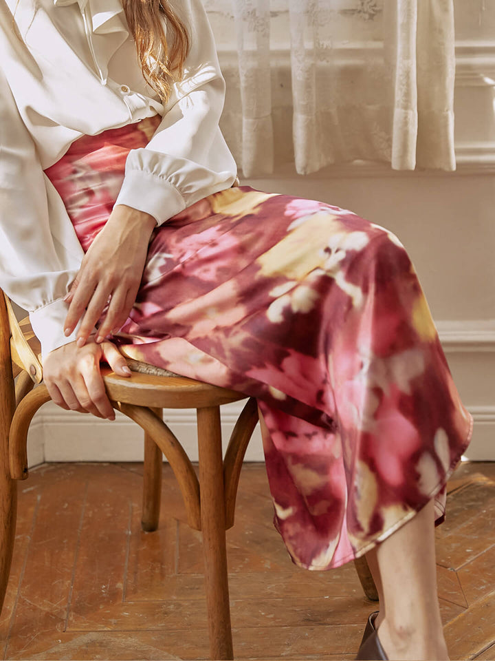 Aisha Satin Vintage Printed Midi Skirt/Simple Retro/77013