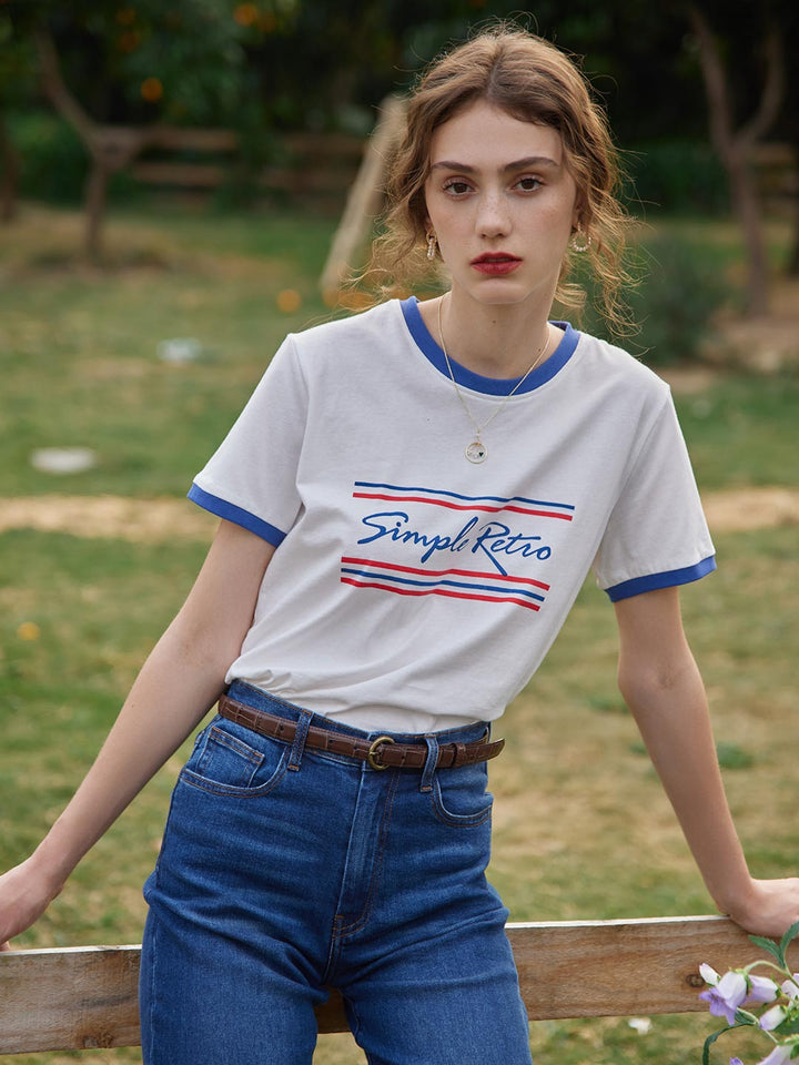 Maya Logo Printed Vintage T-Shirt/Simple Retro/1200046