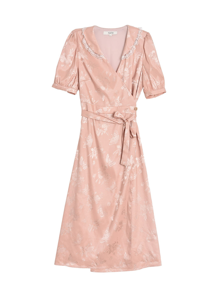 Rose Floral Printed Pink Satin Tea Dress/Simple Retro/11311