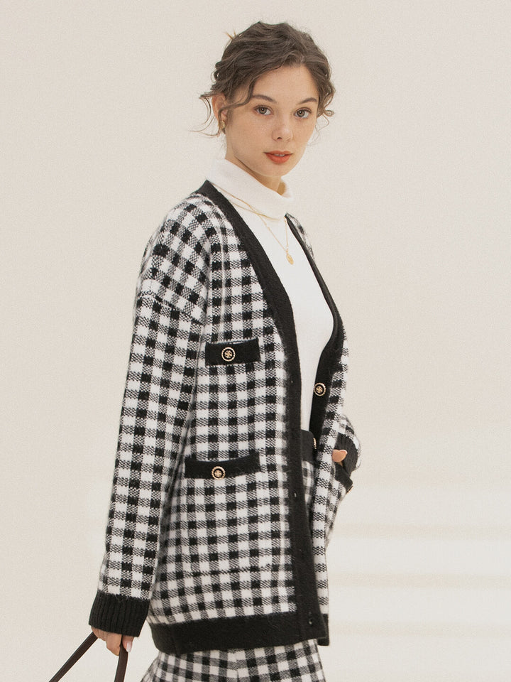 Ansley Checkerboard Black Knit Cardigan/Simple Retro/66014