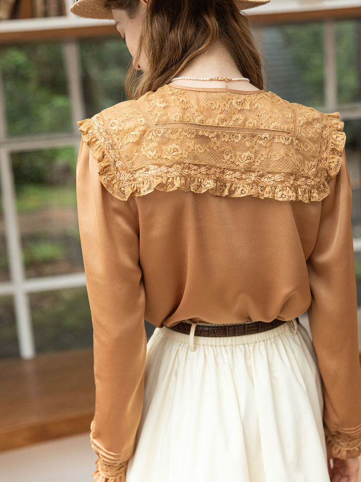 Kiara Satin Lace Doll Collar Blouse/Simple Retro/11247