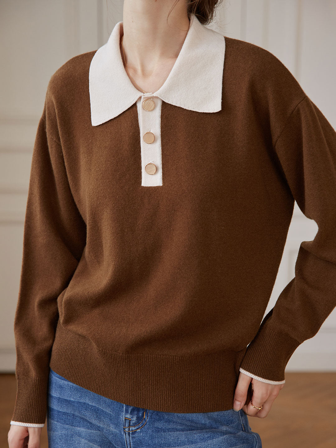 Selena Polo Contrast Collar 100% Wool Knit Sweater/Simple Retro/11519