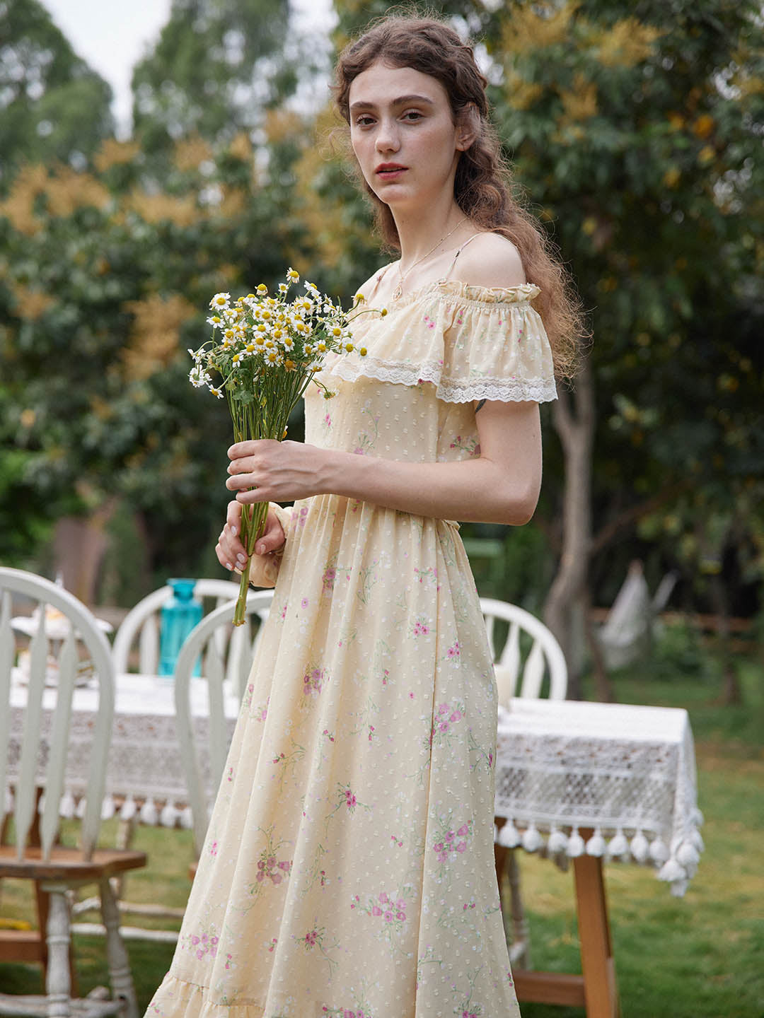 Eudora Ruffle Chiffon Light Beige Midi Floral Dress – Simple Retro