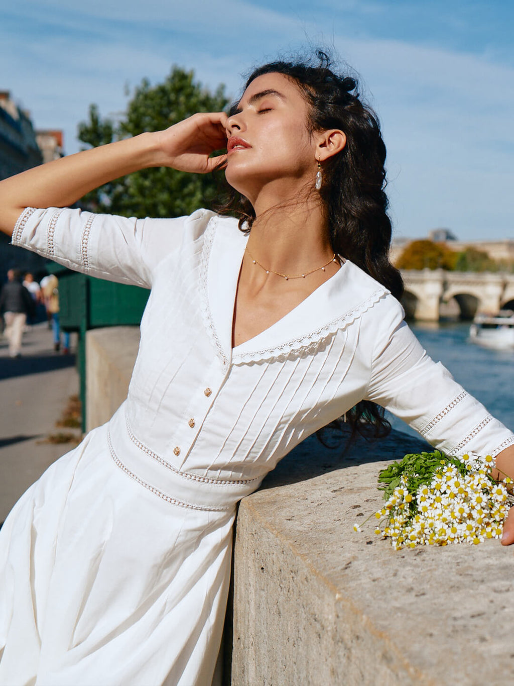 white old fashioned dress Antique Edwardian White Cotton Dress with Ruffle Collar, Small main image 1