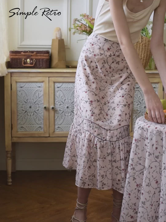 Marie Printed Brown Midi Skirt/SIMPLE RETRO