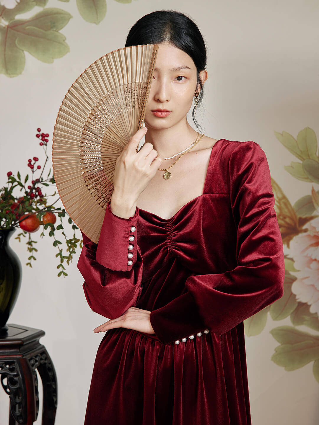 Imani Puff Sleeves Red Midi Velvet Dress/Simple Retro/11300