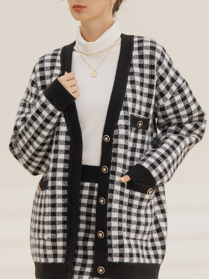 Ansley Checkerboard Black Knit Cardigan/Simple Retro/66014